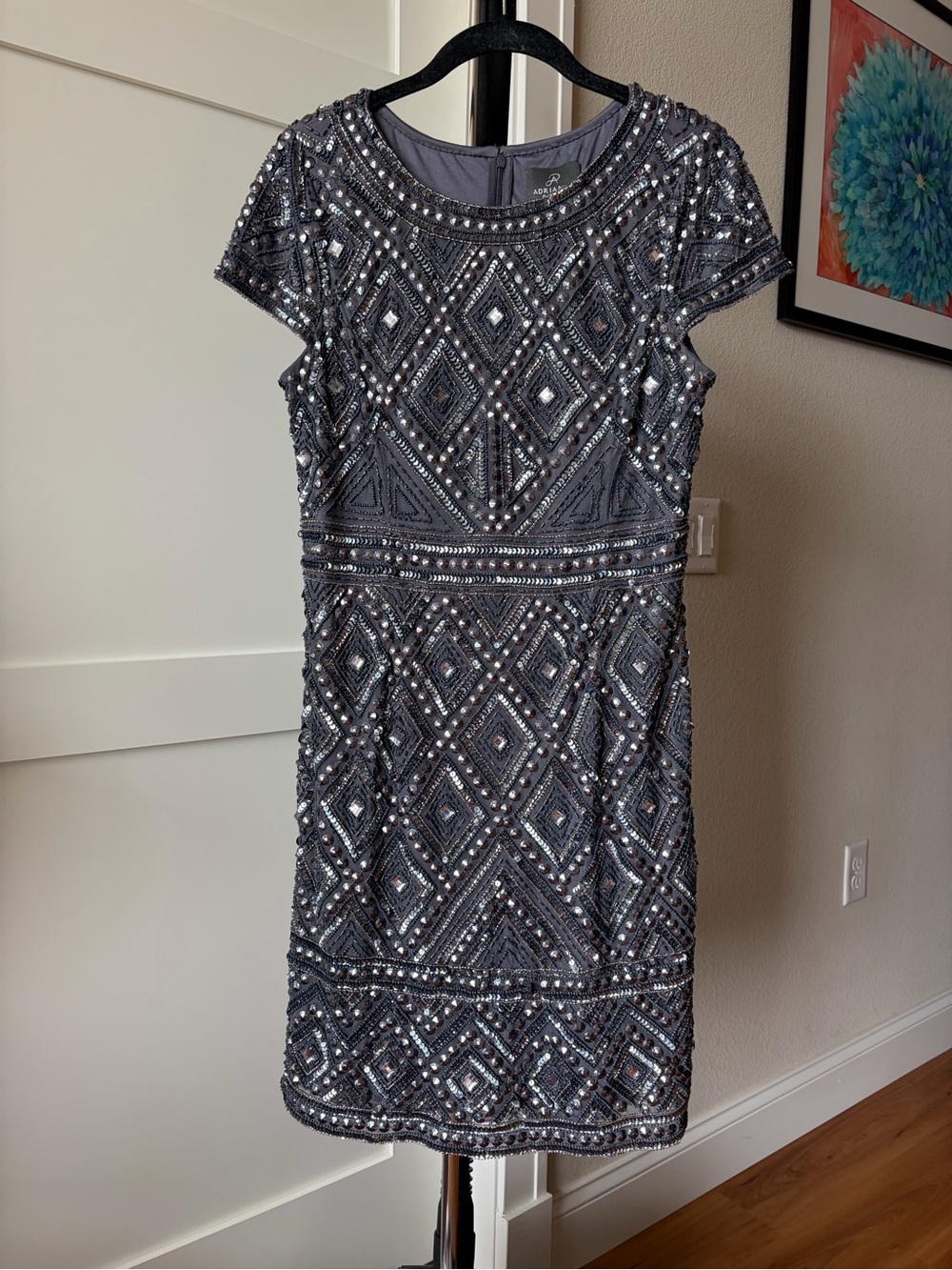 Adrianna Papell Beaded Sequin Cocktail Dress Gray Size 10 Art Deco